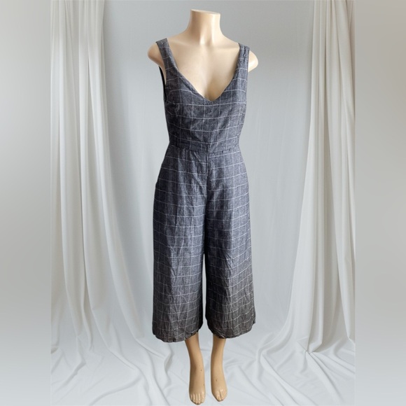 Dress Forum Windowpane Plaid Crop Jumpsuit Wide Leg Gray Bow Tie Preppy Geek M - Picture 2 of 10
